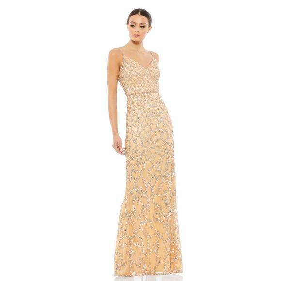 Mac Duggal 5481 Shimmery Sparkly Sequin V-Neckline Slip Dress Nude Size 8 NWT